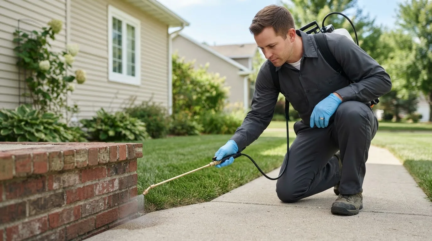 Pest control technician treating a home near Franconia, NH